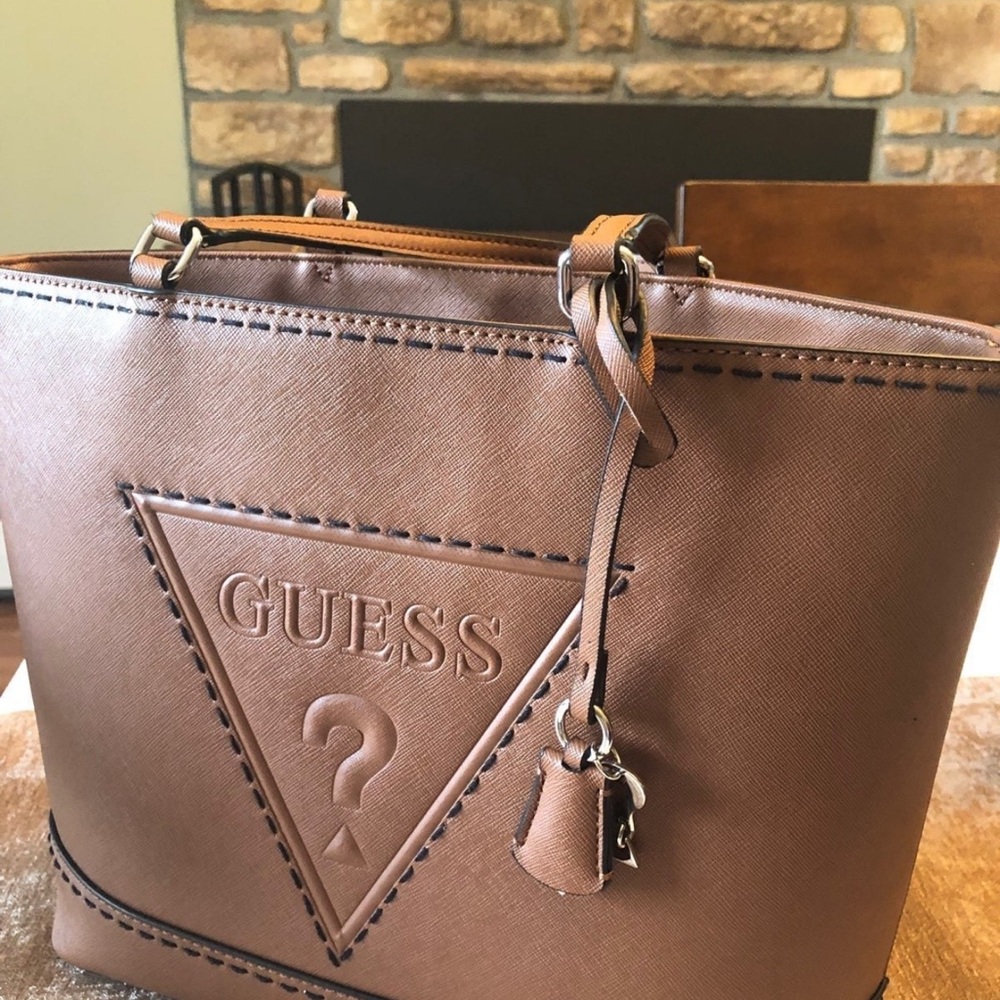 Guess Brown and Silver Tote with Embossed Logo and Metal Charm